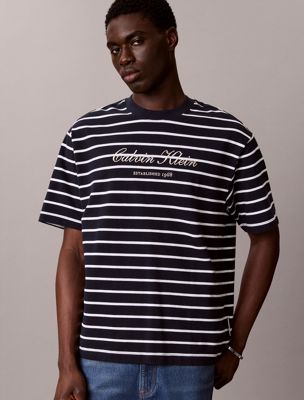 blue swobodny t-shirt z bawełny w paski dla mężczyźni - calvin klein jeans