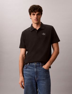 black cotton piqué monogram polo shirt for men calvin klein jeans