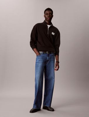 black sweatshirt aus baumwollfrottee mit viertelreißverschluss für herren - calvin klein jeans