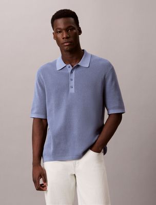 blue cotton waffle knit polo shirt for men calvin klein jeans