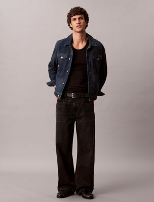 blue suede leather 90s trucker jacket for men 