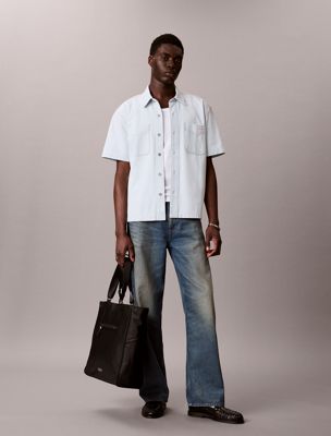 blue kastig geschnittenes jeanshemd mit kurzen ärmeln für herren - 