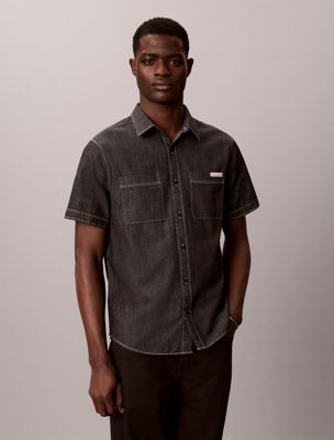 black cotton chambray short sleeve shirt for men calvin klein jeans