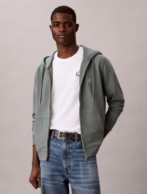 grey hoodie met monogram en rits van badstofkatoen voor heren - calvin klein jeans