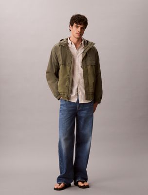 beige hooded nylon windbreaker jacket for men calvin klein jeans
