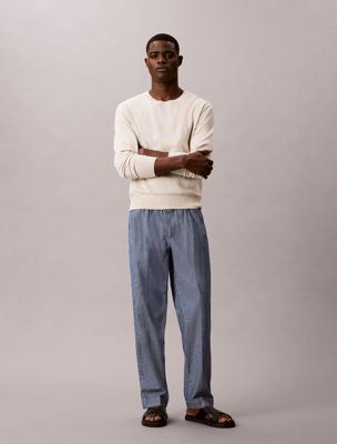 blue cotton chambray drawstring trousers for men 