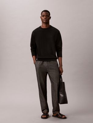 black cotton chambray drawstring trousers for men 