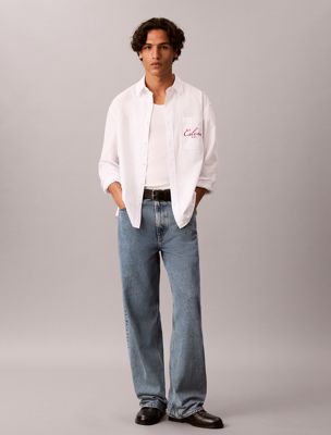 white relaxed graphic logo button-down shirt for men 