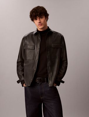 black faux leather overshirt for men 