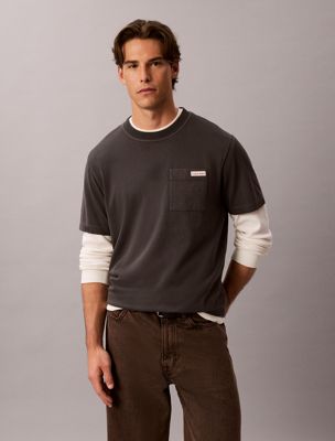 grey t-shirt aus gewaschener baumwolle mit tasche für herren - calvin klein jeans