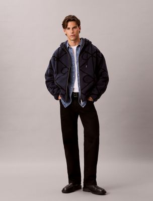 blue sherpa-fleece-hoodie mit emblem-reißverschluss für herren - calvin klein jeans