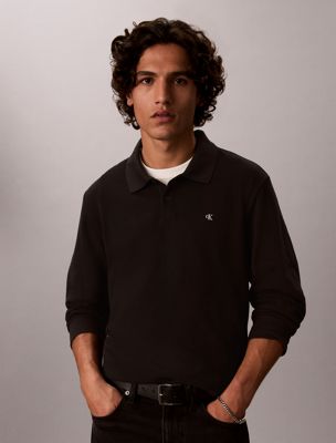 black polo z długim rękawem w piki bawełnianej dla mężczyźni - calvin klein jeans