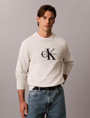 grey relaxed cotton monologo graphic jumper for men calvin klein jeans
