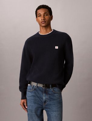 maglione lavorato a maglia di cotone a nido d'ape blue da uomini calvin klein jeans