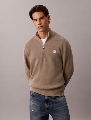 brown trui met halve rits van wafelkatoen voor heren - calvin klein jeans