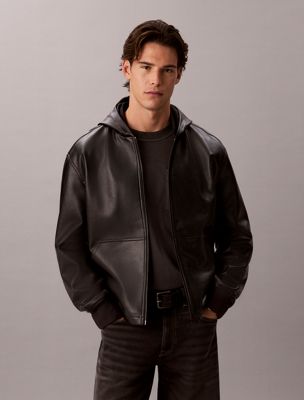 black hooded faux leather bomber jacket for men calvin klein jeans