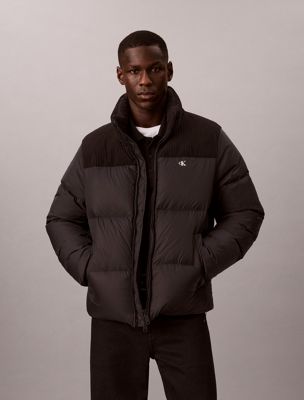 black nylon corduroy down puffer jacket for men calvin klein jeans