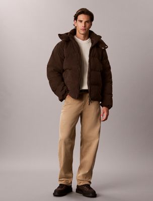 brown corduroy hooded down puffer jacket for men calvin klein jeans