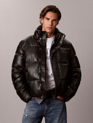 black faux leather puffer jacket for men calvin klein jeans