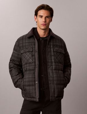 grey plaid check puffer shirt jacket for men calvin klein jeans