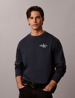blue t-shirt z długim rękawem i graficznym monologo dla mężczyźni - calvin klein jeans