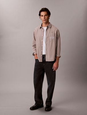 brown relaxed cotton poplin stripe shirt for men calvin klein jeans