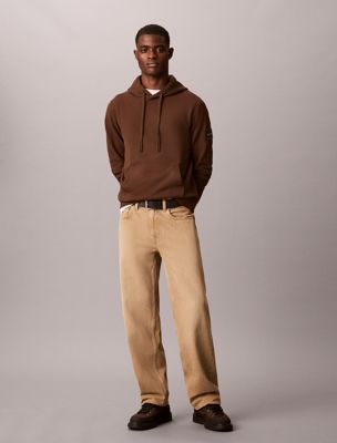 brown cotton terry badge hoodie for men calvin klein jeans