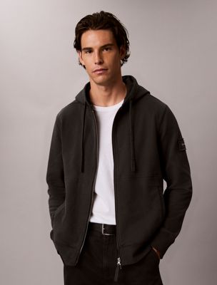 black cotton terry badge zip hoodie for men calvin klein jeans