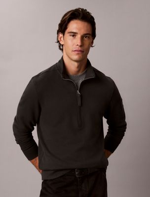sudadera de felpa de algodón con cremallera parcial black de hombres calvin klein jeans
