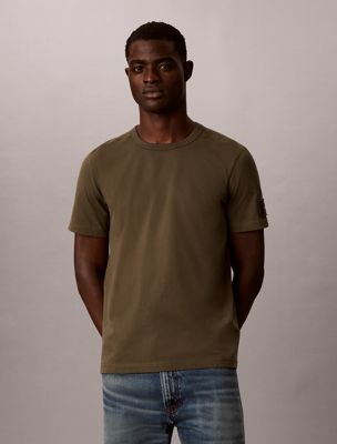 beige sueded cotton badge t-shirt for men 