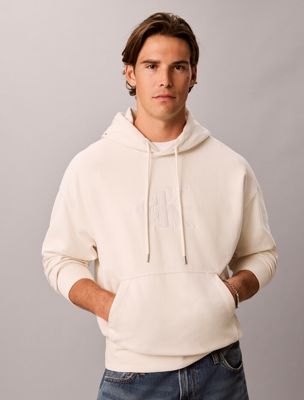 beige relaxed monogram appliqué hoodie for men calvin klein jeans