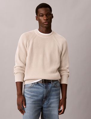 beige two-tone ribbed cotton jumper for men calvin klein jeans