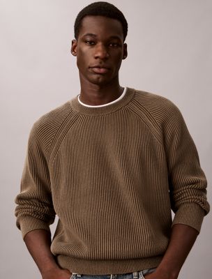 grey two-tone ribbed cotton jumper for men calvin klein jeans