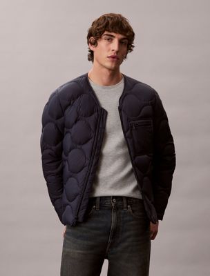 blue nylon quilted bomber jacket for men 