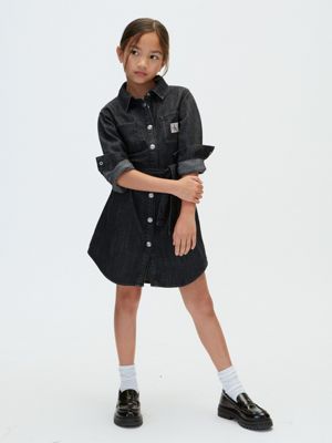 black denim overhemdjurk met riem voor kinderen voor meisjes - 