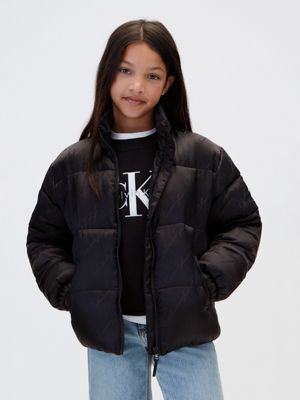 abrigo de plumas infantil con capucha y logo black de niñas calvin klein jeans