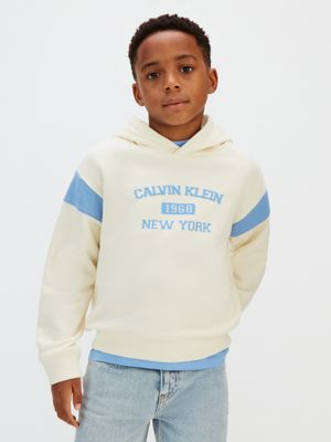 beige relaxed varsity logo hoodie for boys 