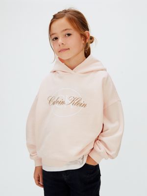 pink boxy logo backprint hoodie for girls 