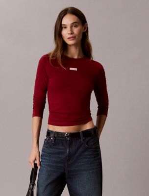 red slim long sleeve logo label t-shirt for women 