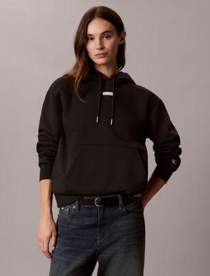 black hoodie van badstof-fleece met logolabel voor dames - 