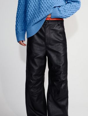 black leather wide leg chinos for men calvin klein