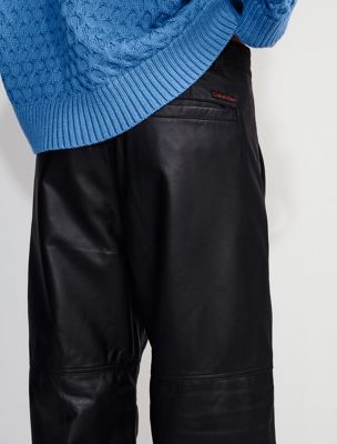 black leather wide leg chinos for men calvin klein