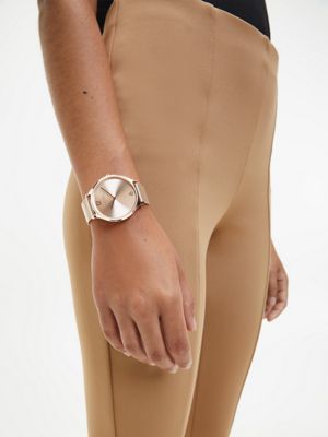 carnation gold minimalistisch wijzerplaathorloge met mesh armband voor dames - calvin klein
