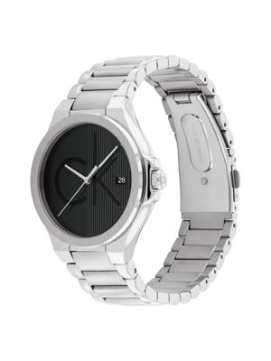 silver stainless steel bracelet monogram watch for men calvin klein