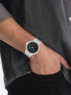 silver stainless steel bracelet monogram watch for men calvin klein