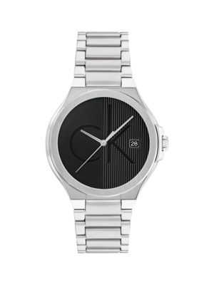 silver stainless steel bracelet monogram watch for men calvin klein