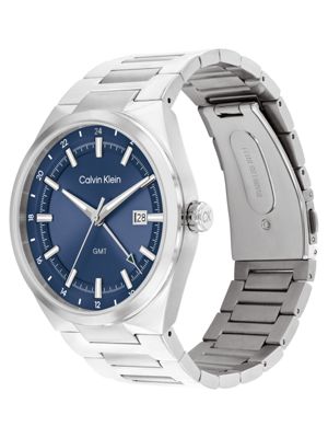 silver stainless steel blue dial gmt watch for men calvin klein