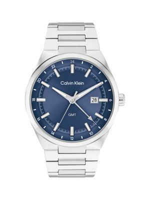 silver stainless steel blue dial gmt watch for men calvin klein