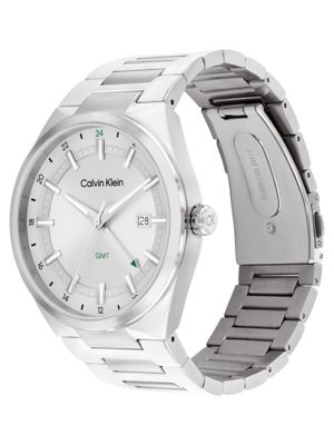 silver stainless steel grey dial gmt watch for men calvin klein