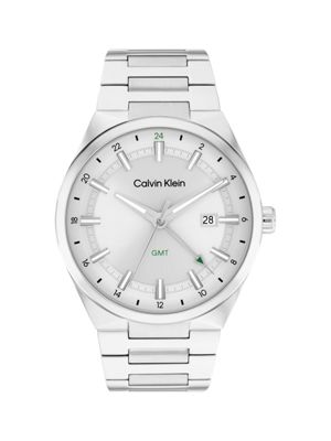 silver stainless steel grey dial gmt watch for men calvin klein